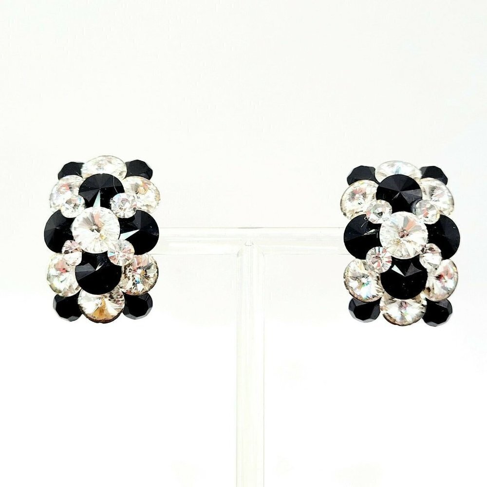 Super Bling Rhinestone Rivoli Earrings Artisan Made Crystal & Black Post Back